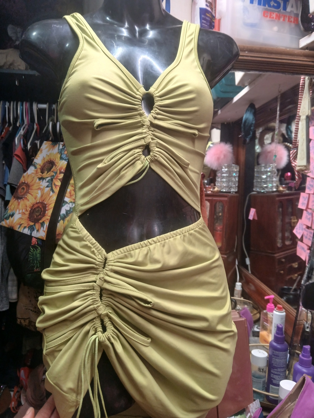 Ruched Cutout Two-Piece Dress - Olive Green